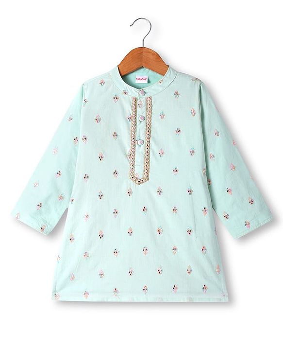 Babyhug Cotton Woven Full Sleeves Kurta Dhorti Set with Floral Embroidery - Sea Green