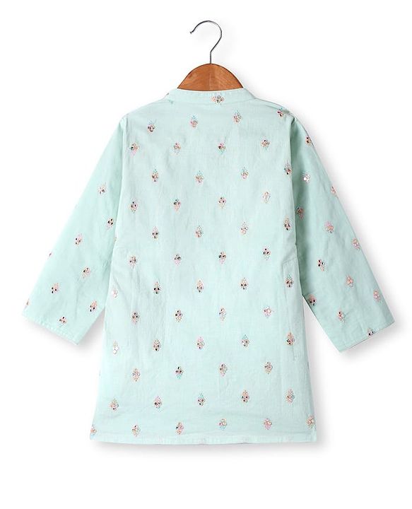 Babyhug Cotton Woven Full Sleeves Kurta Dhorti Set with Floral Embroidery - Sea Green