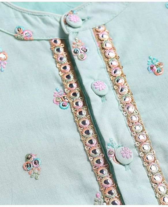 Babyhug Cotton Woven Full Sleeves Kurta Dhorti Set with Floral Embroidery - Sea Green