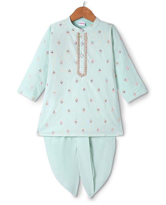 Babyhug Cotton Woven Full Sleeves Kurta Dhorti Set with Floral Embroidery - Sea Green