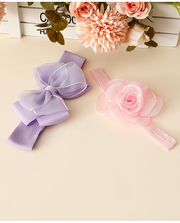 Babyhug Free Size Headbands With Floral & Bow Applique Pack Of 2 - Purple & Pink