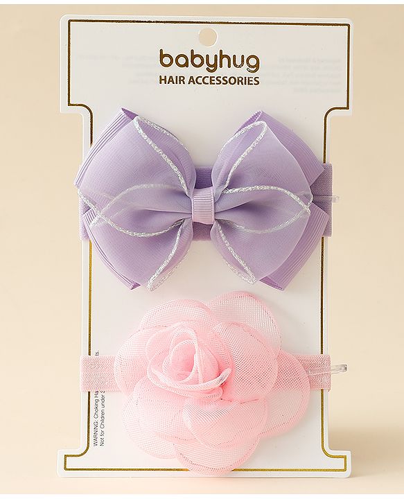 Babyhug Free Size Headbands With Floral & Bow Applique Pack Of 2 - Purple & Pink
