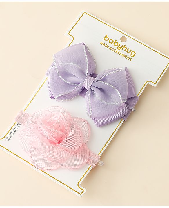 Babyhug Free Size Headbands With Floral & Bow Applique Pack Of 2 - Purple & Pink