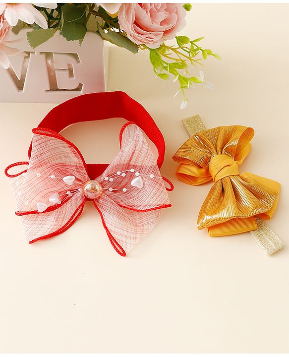 Babyhug Free Size Headbands With Bow Applique Pack Of 2 - Red & Gold