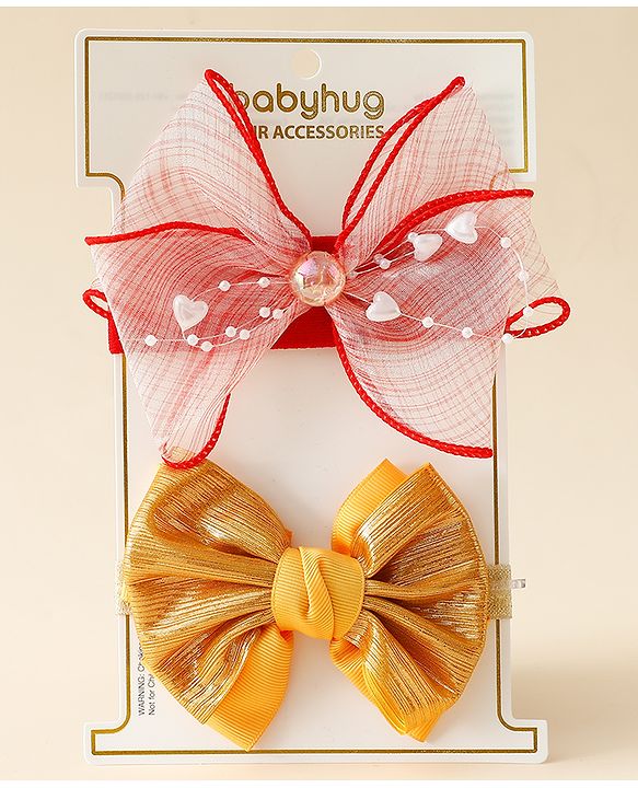 Babyhug Free Size Headbands With Bow Applique Pack Of 2 - Red & Gold