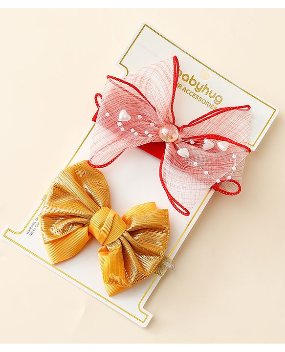 Babyhug Free Size Headbands With Bow Applique Pack Of 2 - Red & Gold