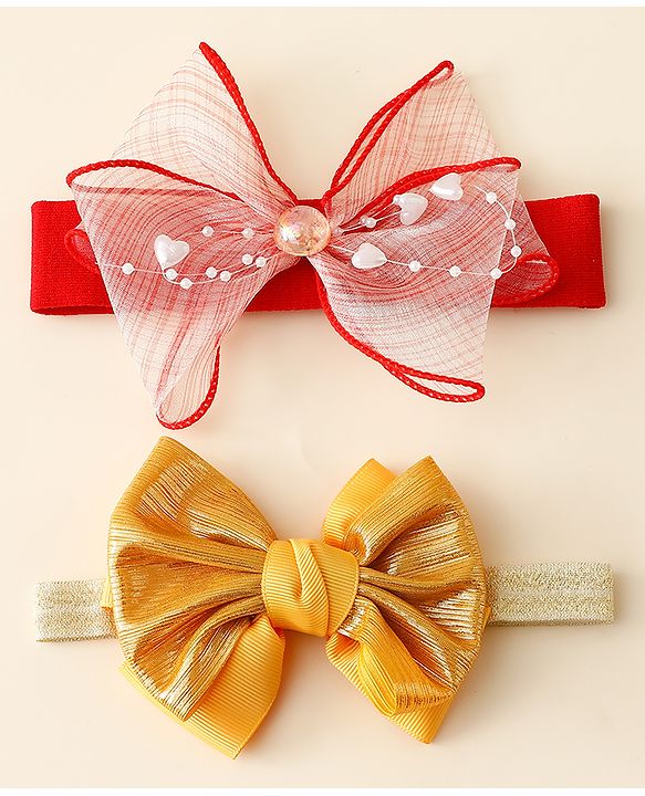 Babyhug Free Size Headbands With Bow Applique Pack Of 2 - Red & Gold