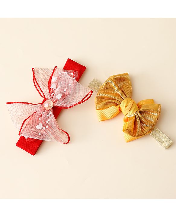 Babyhug Free Size Headbands With Bow Applique Pack Of 2 - Red & Gold