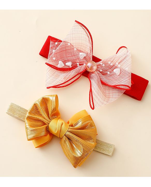 Babyhug Free Size Headbands With Bow Applique Pack Of 2 - Red & Gold