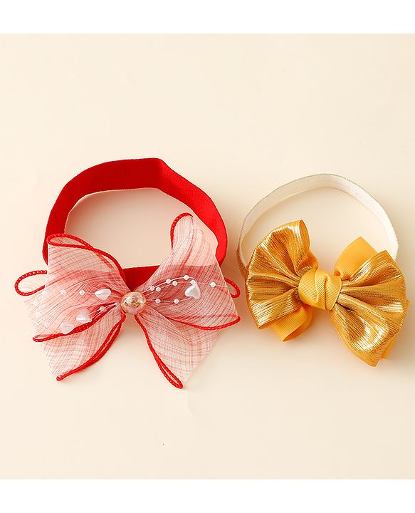 Babyhug Free Size Headbands With Bow Applique Pack Of 2 - Red & Gold