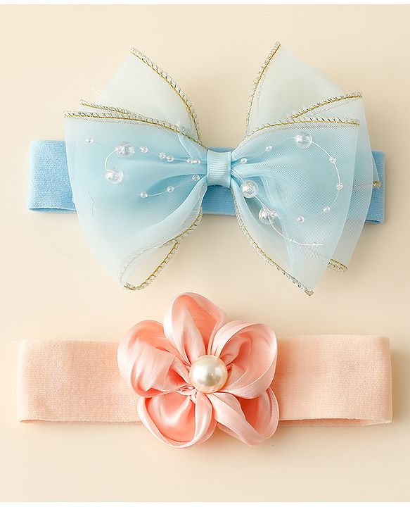 Babyhug Free Size Headbands With Floral & Bow Applique Pack Of 2 - Blue & Peach