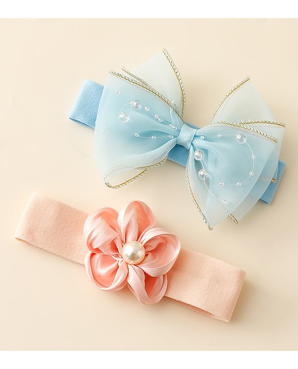 Babyhug Free Size Headbands With Floral & Bow Applique Pack Of 2 - Blue & Peach