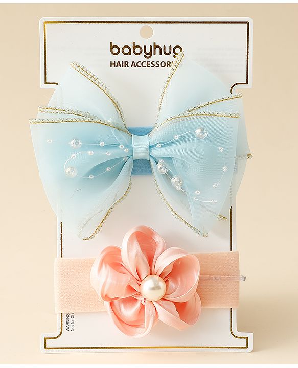Babyhug Free Size Headbands With Floral & Bow Applique Pack Of 2 - Blue & Peach