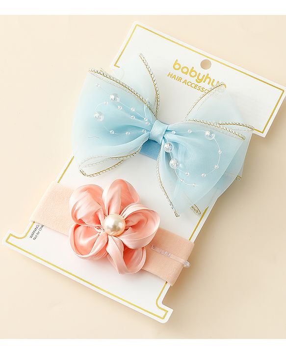 Babyhug Free Size Headbands With Floral & Bow Applique Pack Of 2 - Blue & Peach