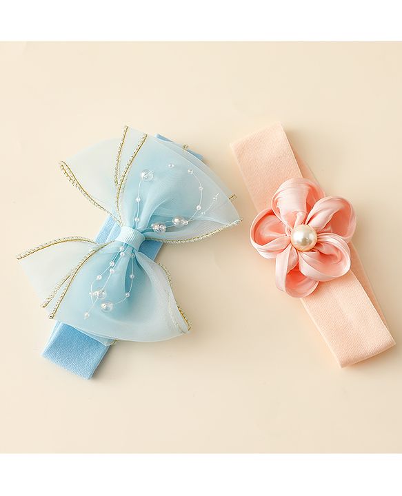 Babyhug Free Size Headbands With Floral & Bow Applique Pack Of 2 - Blue & Peach