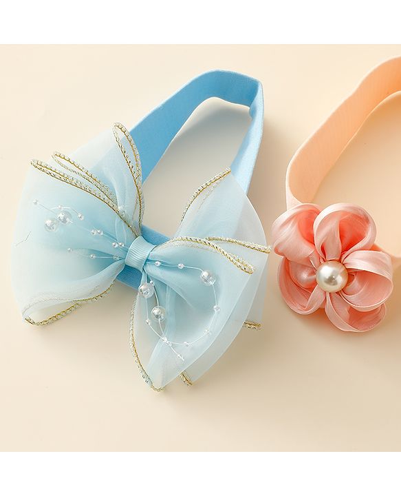 Babyhug Free Size Headbands With Floral & Bow Applique Pack Of 2 - Blue & Peach