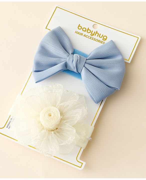Babyhug Free Size Headbands With Floral & Bow Applique Pack Of 2 - Blue & Beige