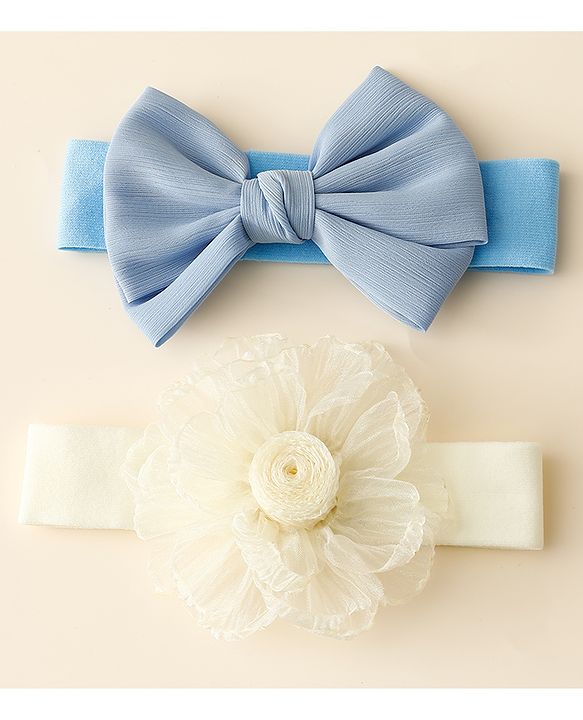 Babyhug Free Size Headbands With Floral & Bow Applique Pack Of 2 - Blue & Beige