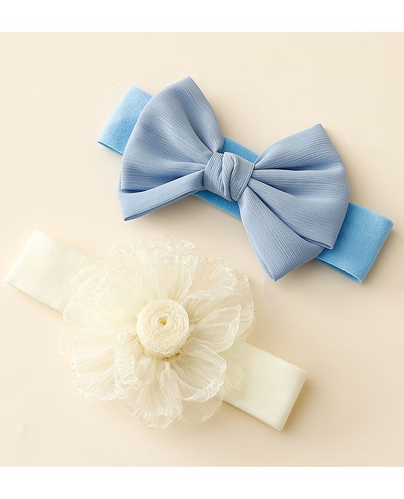 Babyhug Free Size Headbands With Floral & Bow Applique Pack Of 2 - Blue & Beige