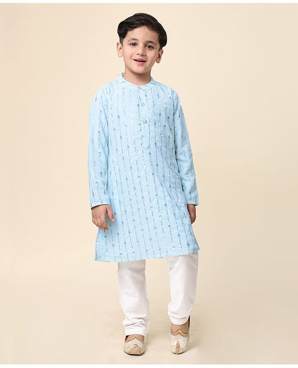 Babyhug Full Sleeves Woven Kurta Pyjama Set with Sequin & Embroidery - Light Blue