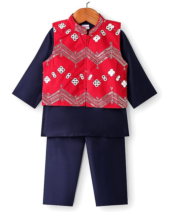 Babyhug Woven Full Sleeves Kurta & Pajama Set with Mirror Work & Embroidered Waistcoat - Navy Blue