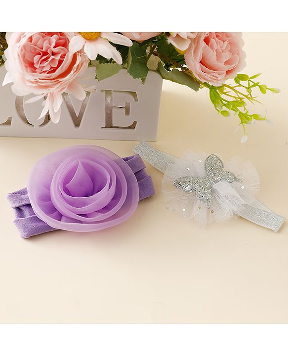 Babyhug Free Size Headbands With Floral & Butterfly Applique Pack Of 2 - Purple & Silver