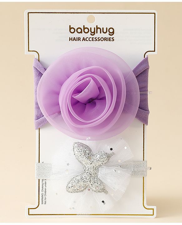 Babyhug Free Size Headbands With Floral & Butterfly Applique Pack Of 2 - Purple & Silver