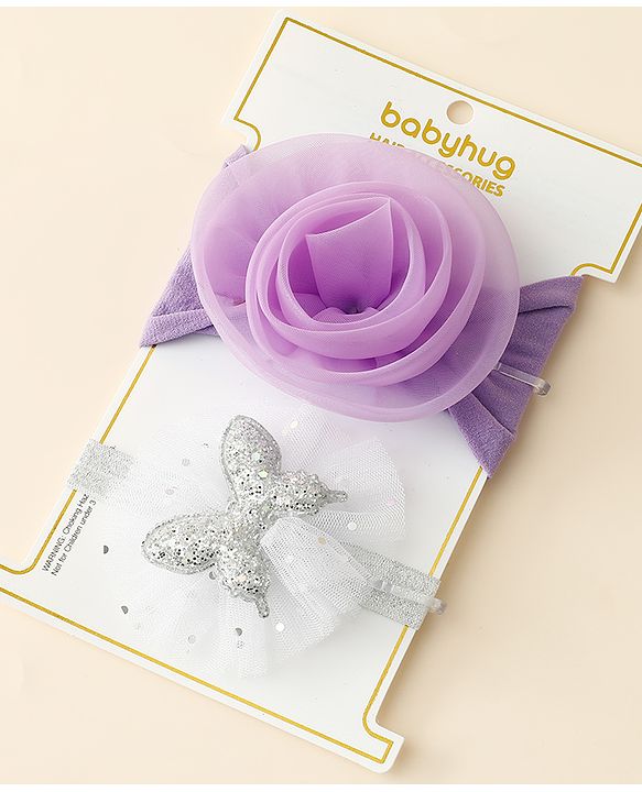Babyhug Free Size Headbands With Floral & Butterfly Applique Pack Of 2 - Purple & Silver