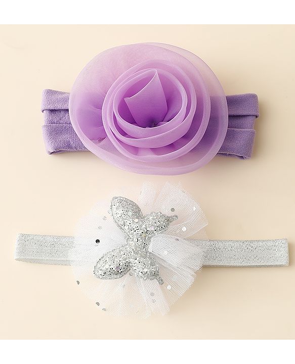 Babyhug Free Size Headbands With Floral & Butterfly Applique Pack Of 2 - Purple & Silver