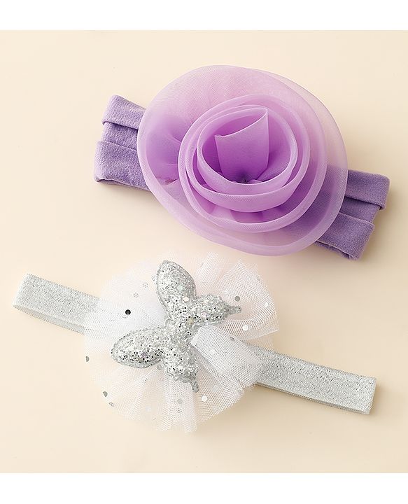Babyhug Free Size Headbands With Floral & Butterfly Applique Pack Of 2 - Purple & Silver