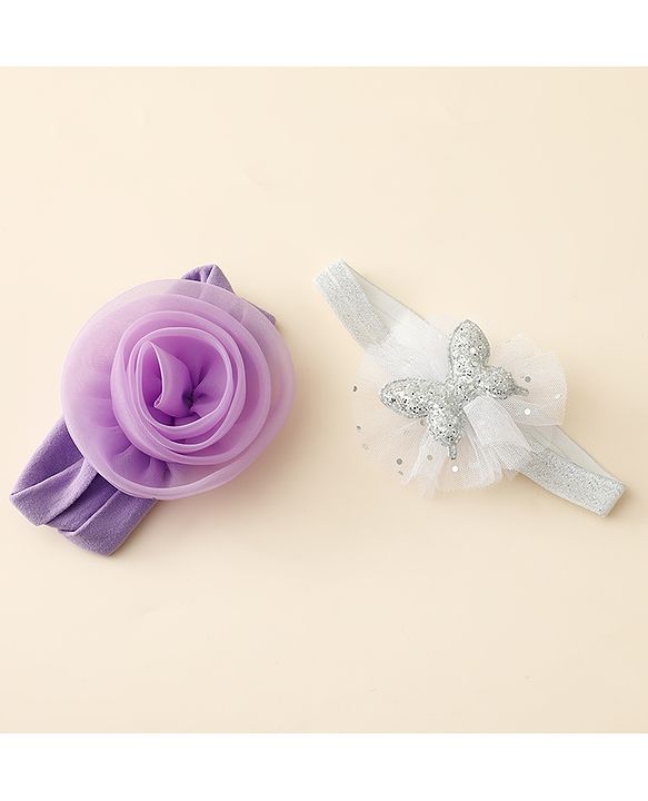 Babyhug Free Size Headbands With Floral & Butterfly Applique Pack Of 2 - Purple & Silver