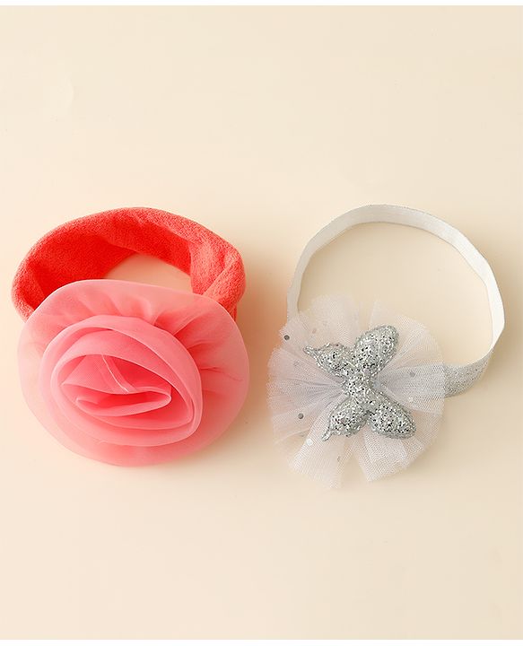 Babyhug Free Size Headbands With Floral & Butterfly Applique Pack Of 2 - Peach & Silver