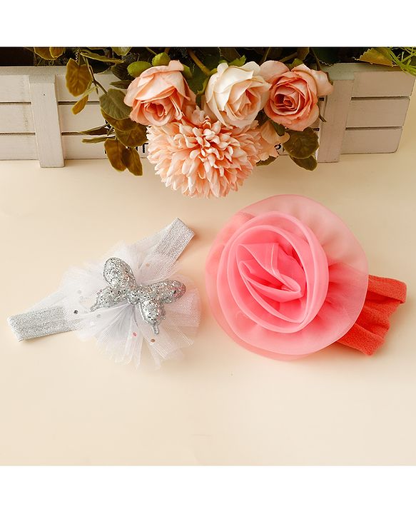 Babyhug Free Size Headbands With Floral & Butterfly Applique Pack Of 2 - Peach & Silver