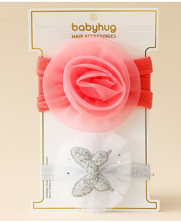 Babyhug Free Size Headbands With Floral & Butterfly Applique Pack Of 2 - Peach & Silver