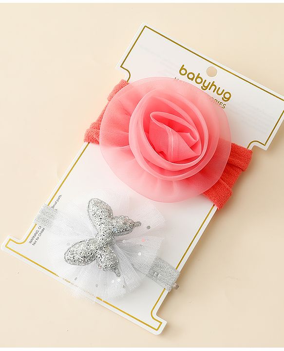 Babyhug Free Size Headbands With Floral & Butterfly Applique Pack Of 2 - Peach & Silver