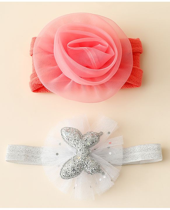 Babyhug Free Size Headbands With Floral & Butterfly Applique Pack Of 2 - Peach & Silver