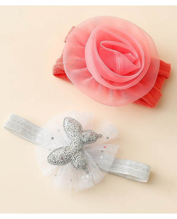 Babyhug Free Size Headbands With Floral & Butterfly Applique Pack Of 2 - Peach & Silver