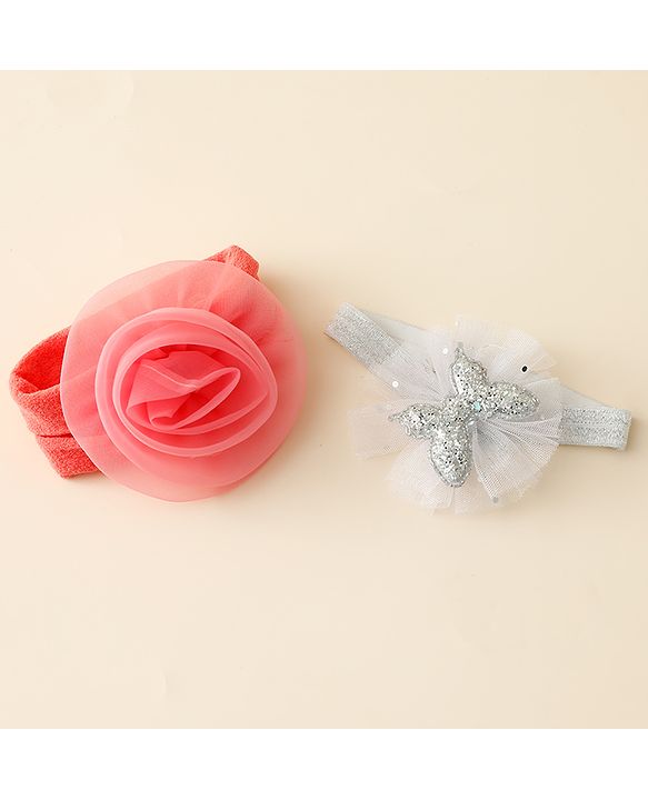 Babyhug Free Size Headbands With Floral & Butterfly Applique Pack Of 2 - Peach & Silver