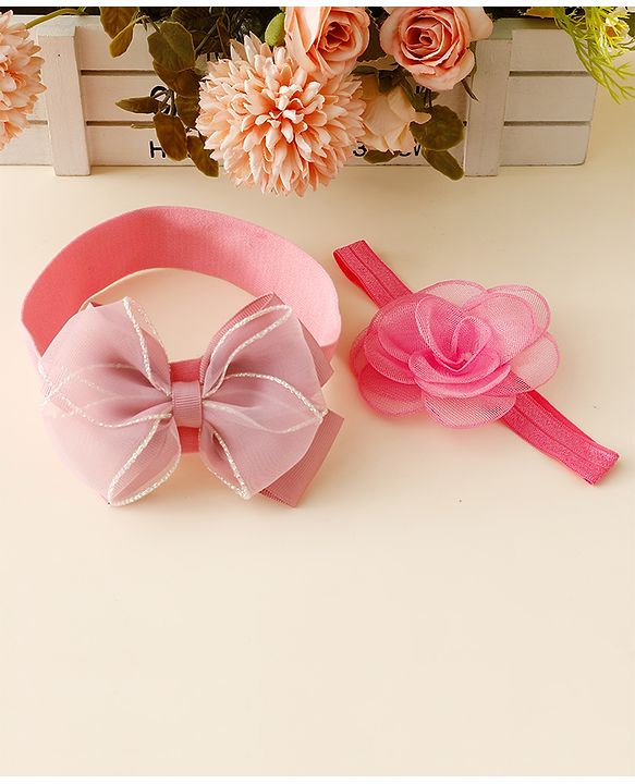 Babyhug Free Size Headbands With Floral & Bow Applique Pack Of 2 - Pink