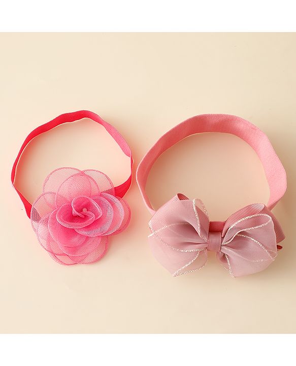 Babyhug Free Size Headbands With Floral & Bow Applique Pack Of 2 - Pink