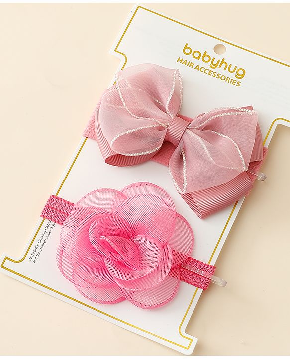Babyhug Free Size Headbands With Floral & Bow Applique Pack Of 2 - Pink