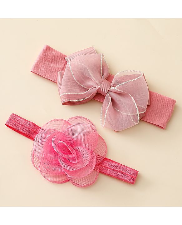 Babyhug Free Size Headbands With Floral & Bow Applique Pack Of 2 - Pink