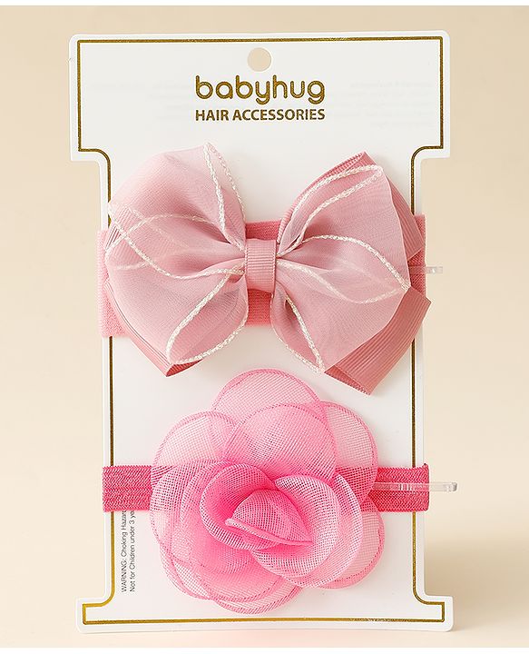 Babyhug Free Size Headbands With Floral & Bow Applique Pack Of 2 - Pink