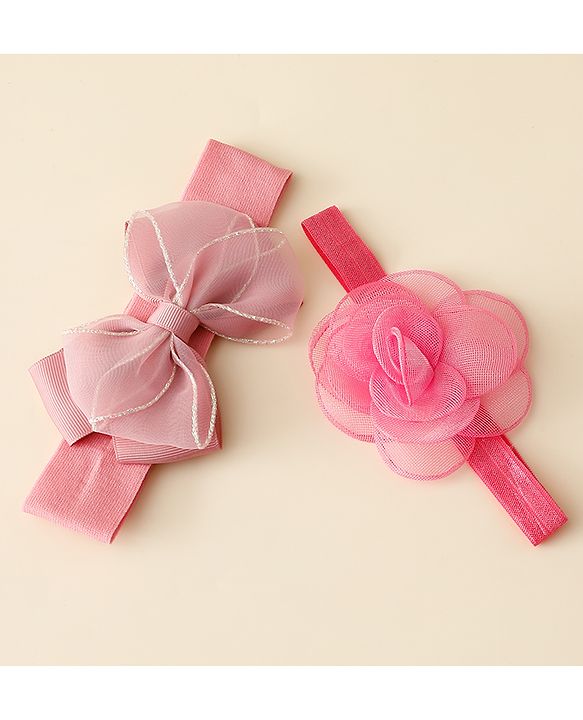 Babyhug Free Size Headbands With Floral & Bow Applique Pack Of 2 - Pink
