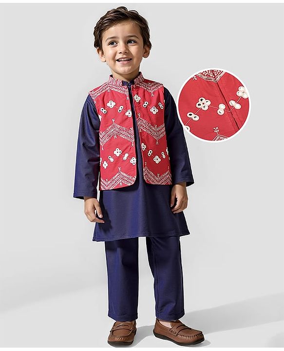 Babyhug Woven Full Sleeves Kurta & Pajama Set with Mirror Work & Embroidered Waistcoat - Navy Blue