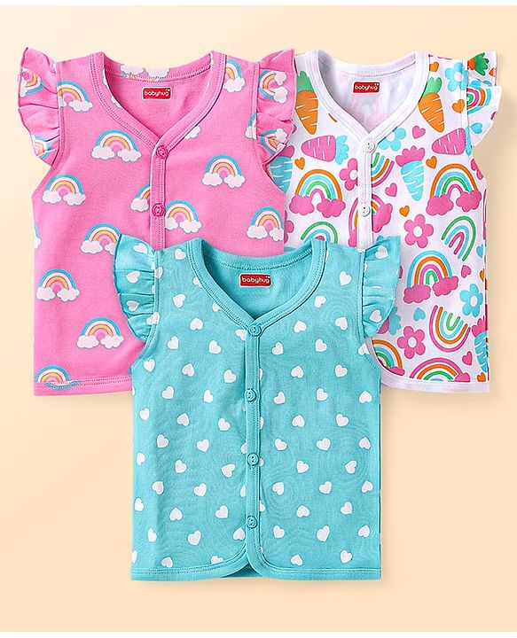 Babyhug 100% Cotton Knit Frill Sleeves Front Open Vest With Polka Dots & Rainbow Print Pack Of 3 - Pink & Light Blue