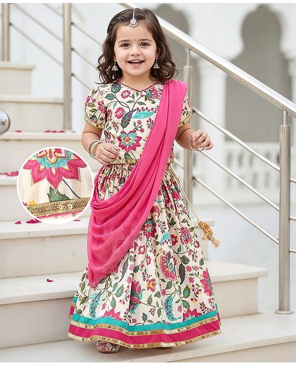 Babyhug Woven Half Sleeves Choli Lehenga Set with Dupatta & Floral Print & Lace Detailing - Pink & Offwhite