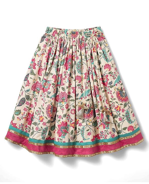 Babyhug Woven Half Sleeves Choli Lehenga Set with Dupatta & Floral Print & Lace Detailing - Pink & Offwhite