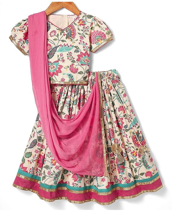Babyhug Woven Half Sleeves Choli Lehenga Set with Dupatta & Floral Print & Lace Detailing - Pink & Offwhite
