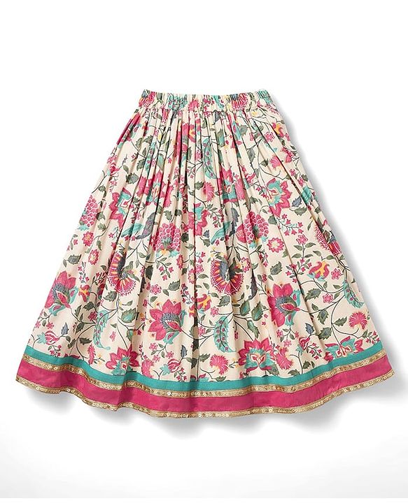 Babyhug Woven Half Sleeves Choli Lehenga Set with Dupatta & Floral Print & Lace Detailing - Pink & Offwhite